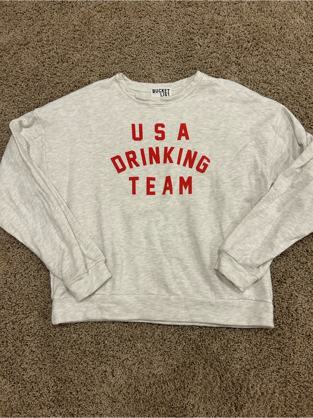 BUCKETLIST Light Gray Crewneck Sweatshirt with Red USA Drinking Team Lettering